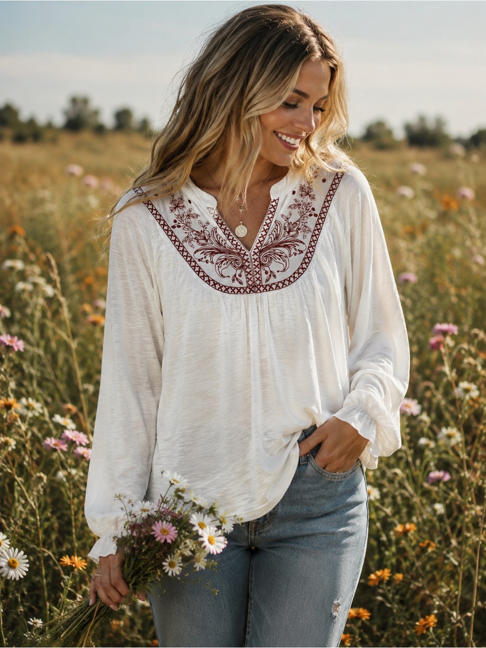 Democracy Embroidered Boho Peasant Top Ivory Rust Floral Long Sleeve Cottagecore